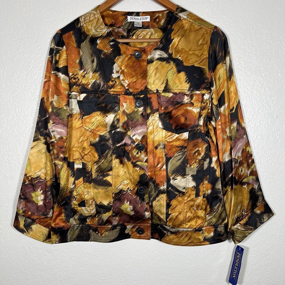 Pendleton 100% Silk Abstract Floral Top Jacket Medium Lightweight Designer NWT - Picture 2 of 9